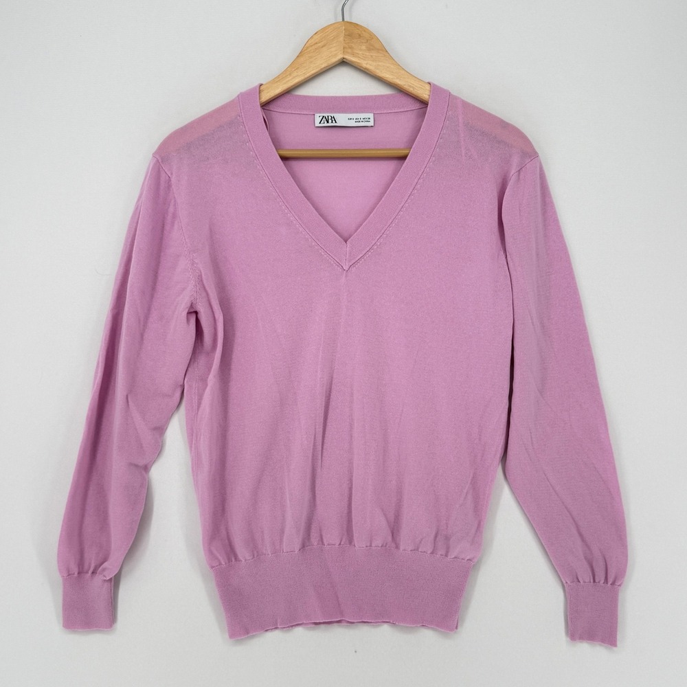 Zara V-Neck Sweater Women Small Pink Sheer Preppy Balletcore Barbiecore Coquette